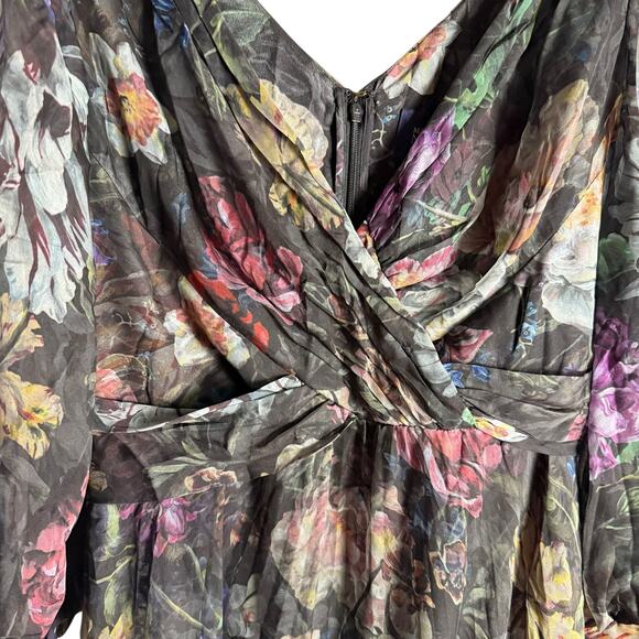 Marchesa Notte Metallic Floral Print Pleated Tulle V-Neck Cocktail Gown Size 8 - Picture 8 of 16